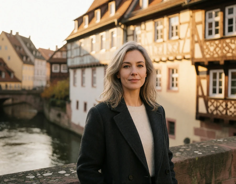 German woman in a charcoal coat standing on a stone bridge in a German old town