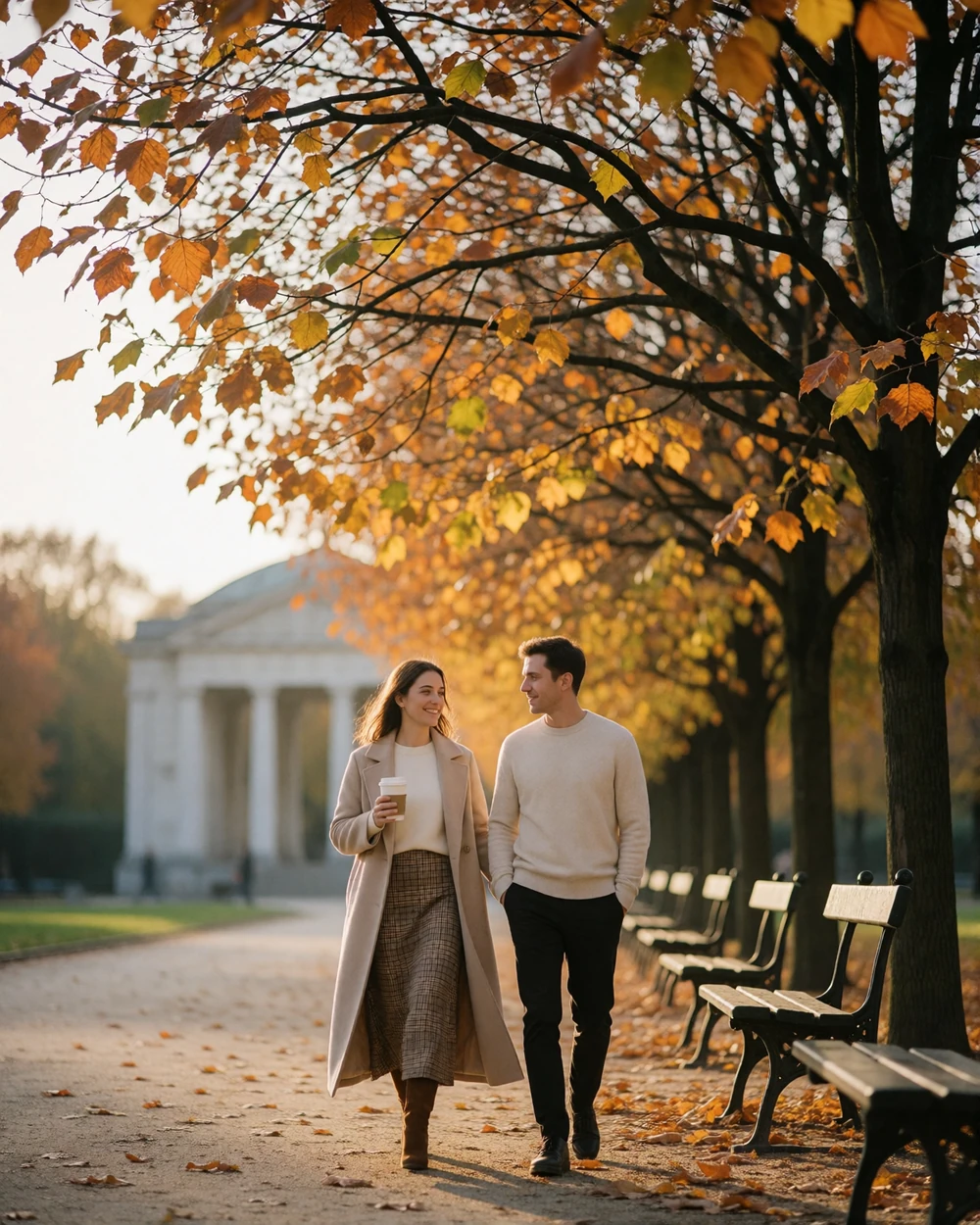 Couple walking together along a tree-lined avenue in a Brussels park in autumn light