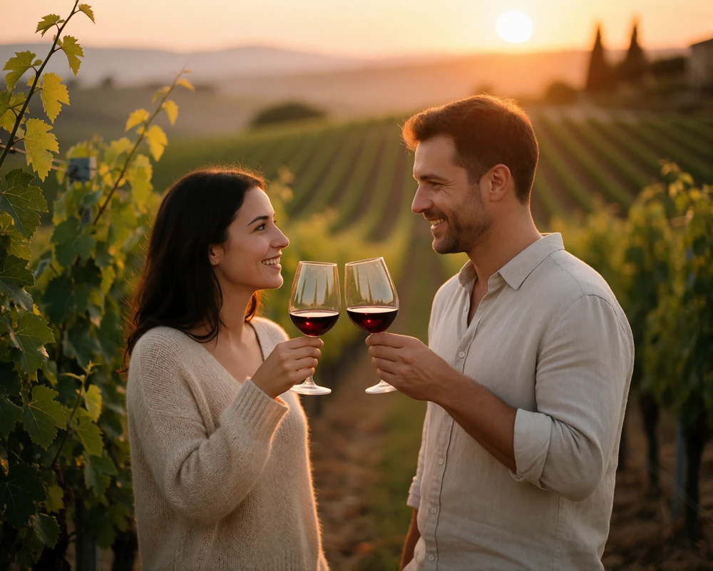 Couple raising glasses of red wine together in a Tuscan vineyard at sunset