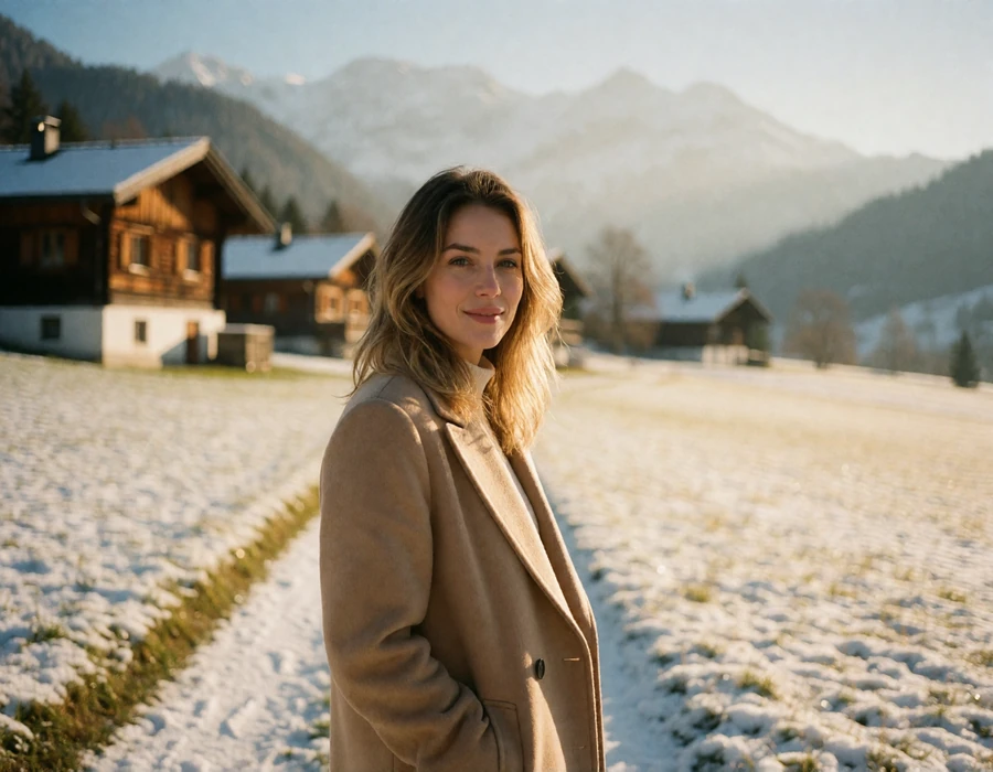 Austrian woman in a camel coat standing on a snow-dusted alpine meadow path with mountains behind her