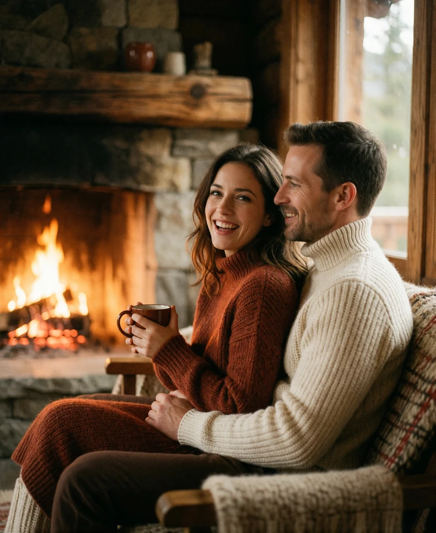 Couple sitting close beside a stone fireplace in a rustic Andorran mountain chalet