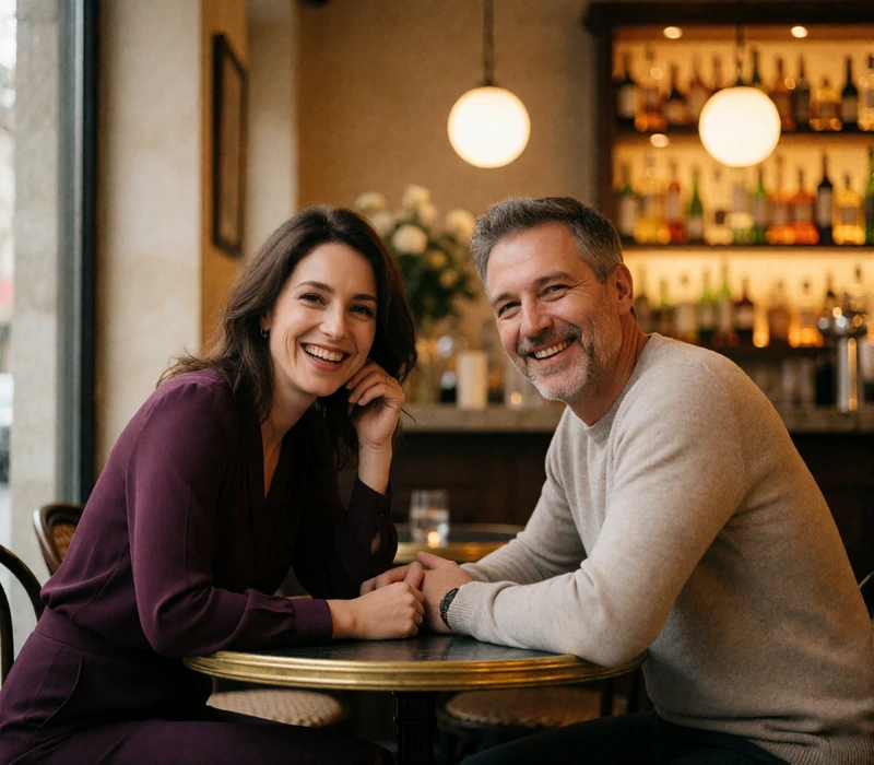 Couple laughing together at a small bistro table in Luxembourg City