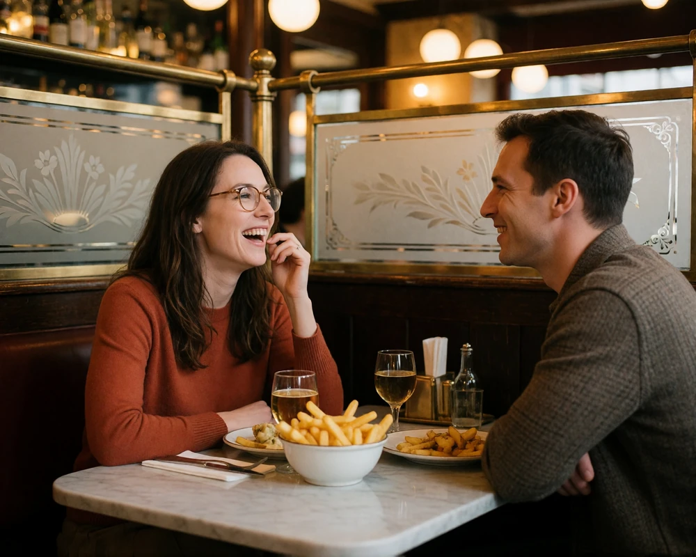 Couple laughing over drinks and frites at a marble table in a classic Belgian brasserie