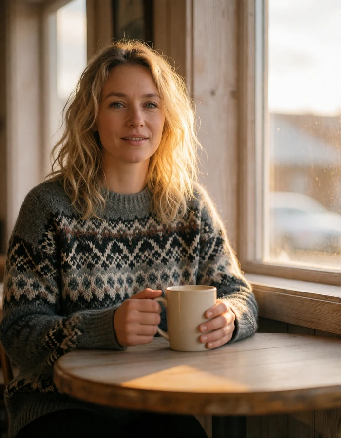 Icelandic woman in a grey wool sweater at a small wooden cafe table