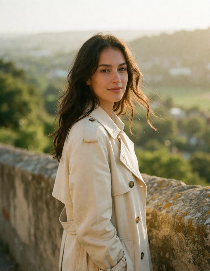 San Marinese woman in a cream trench coat on a fortified rampart above a hazy green valley