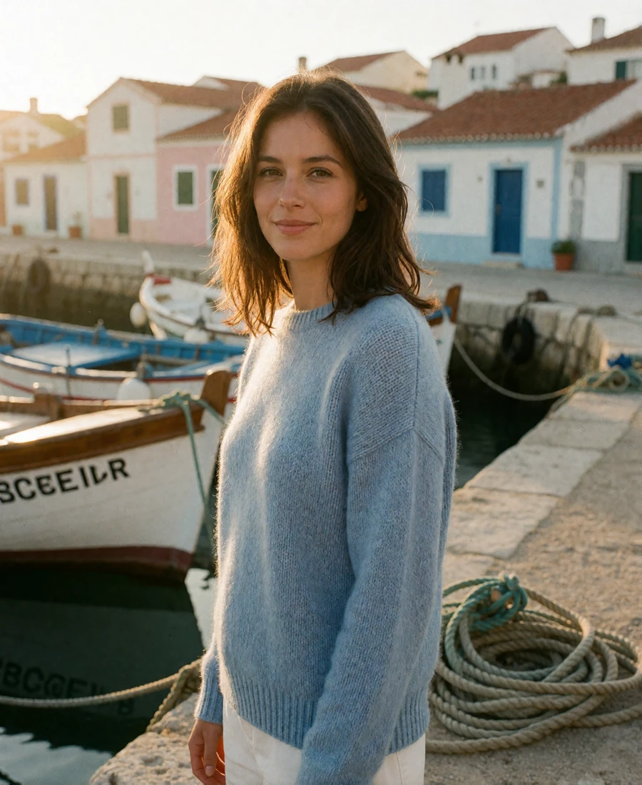 Portuguese woman in a soft blue knit smiling on a fishing harbour quay lined with pastel houses