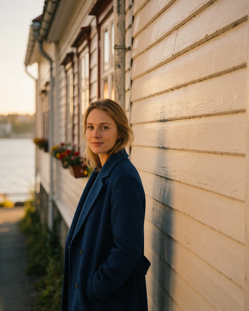 Norwegian woman in a deep blue coat standing in a narrow lane of white wooden houses