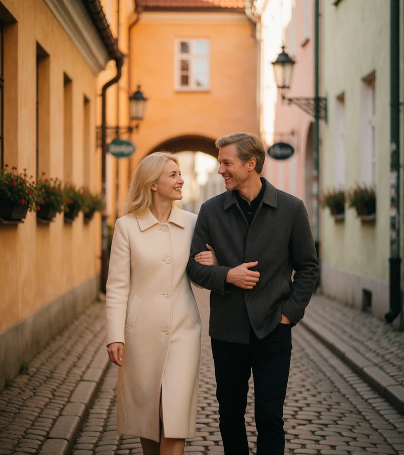Smiling couple walking arm in arm along a narrow cobbled street in a Baltic old town