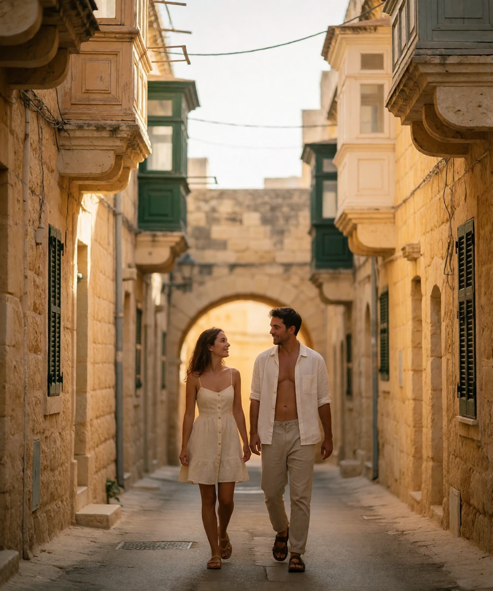 Couple walking together along a narrow honey-limestone street in a Maltese village at golden hour