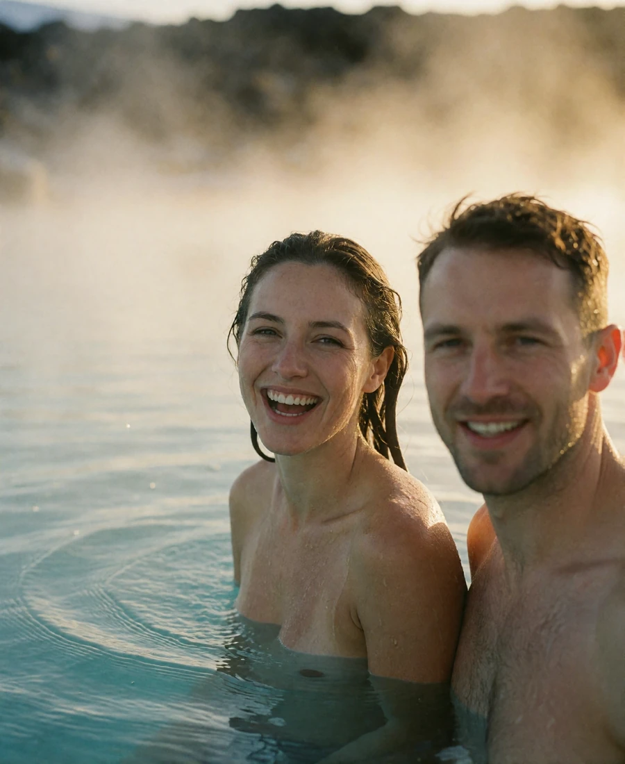 Couple laughing together at the edge of a steaming Icelandic geothermal pool