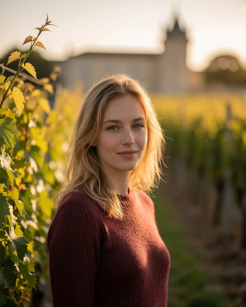 French woman in a burgundy knit top smiling among vineyard rows near Bordeaux