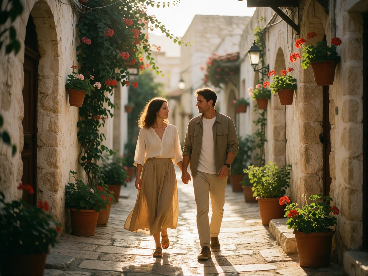 Couple walking hand in hand along a sunlit stone lane in a Cypriot old town lined with geraniums