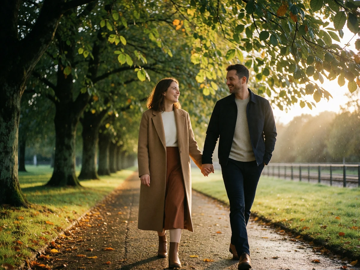 Couple walking hand in hand and laughing along a tree-lined park path in Ireland
