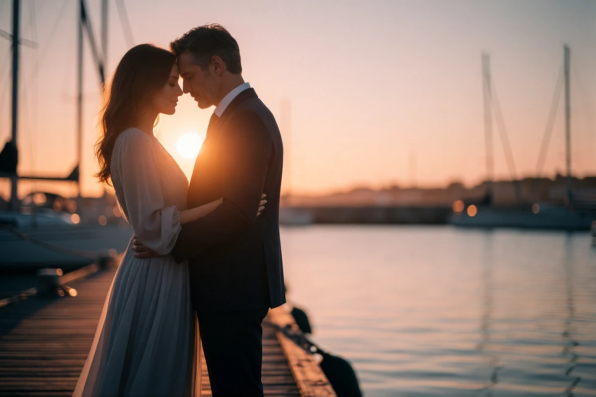 Couple in a close embrace on a wooden harbor pier at sunset near the Estonian coast