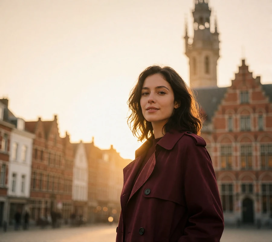 Belgian woman in a burgundy trench coat smiling in a historic city square