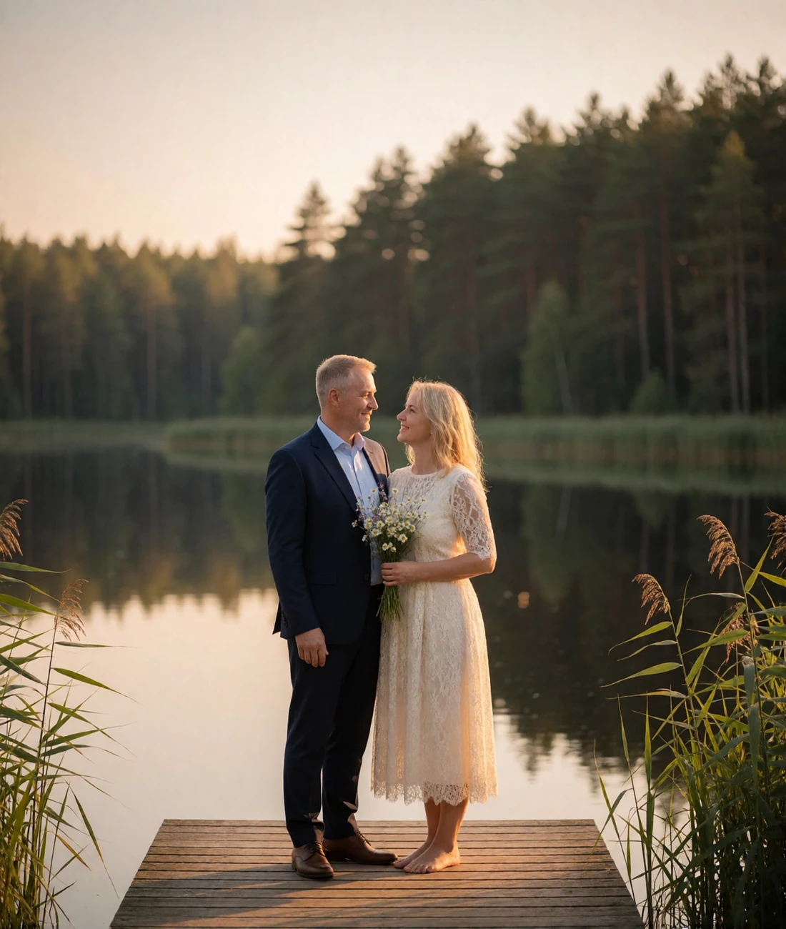 Couple embracing on a wooden lakeside jetty in Lithuania, the bride in a simple ivory dress