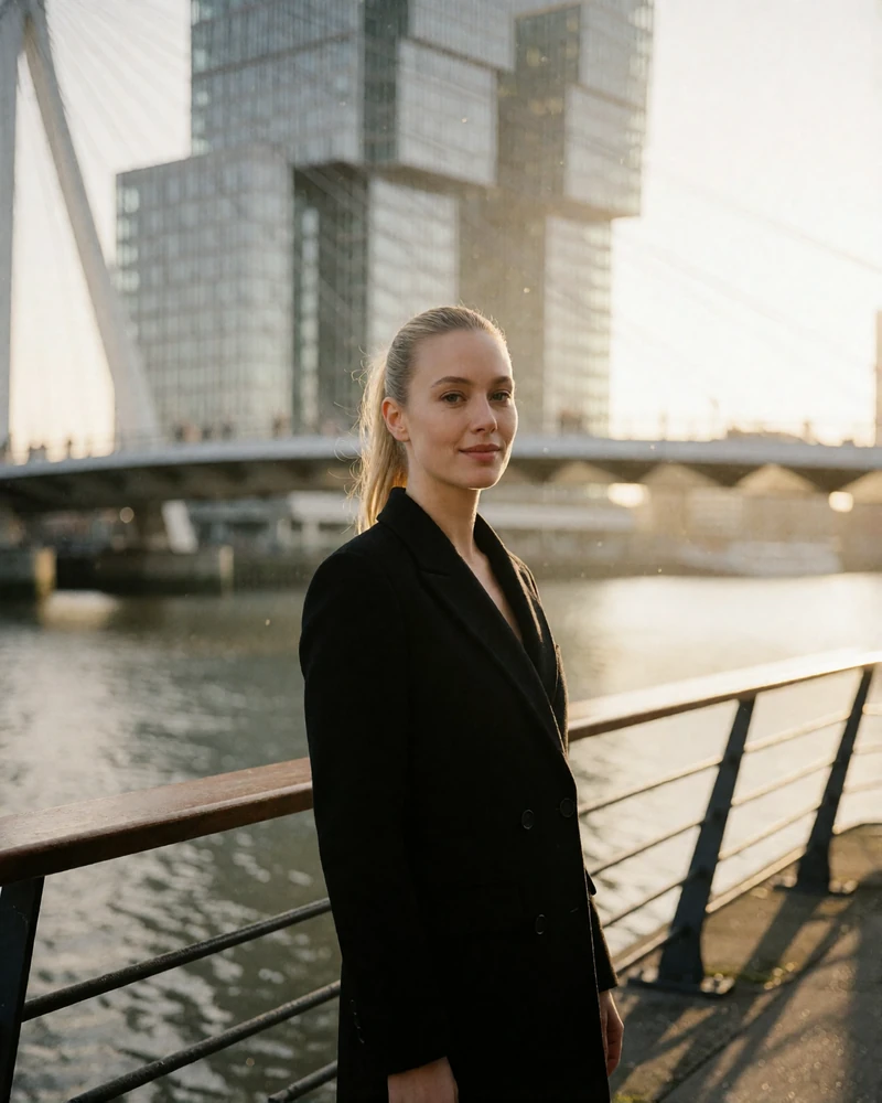 Dutch woman in a tailored black coat standing confidently on a Rotterdam riverside walkway