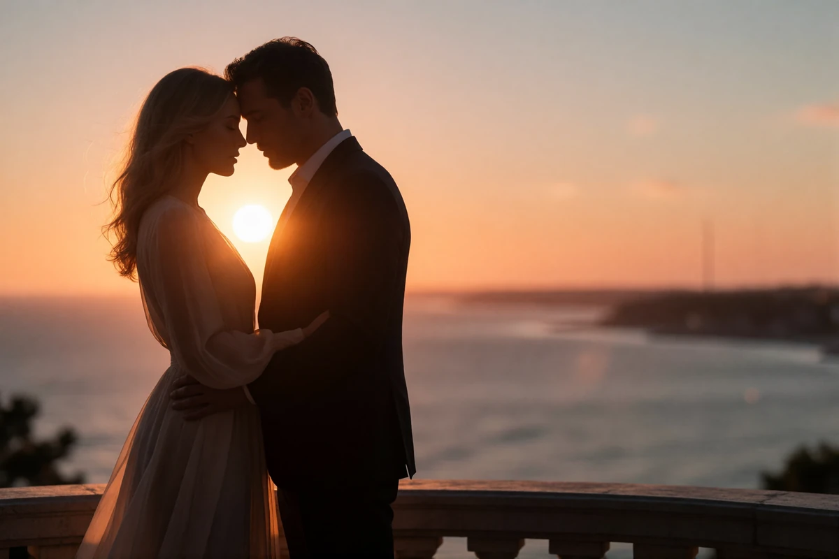 Couple in silhouette-edged embrace on a terrace overlooking a Baltic bay at sunset