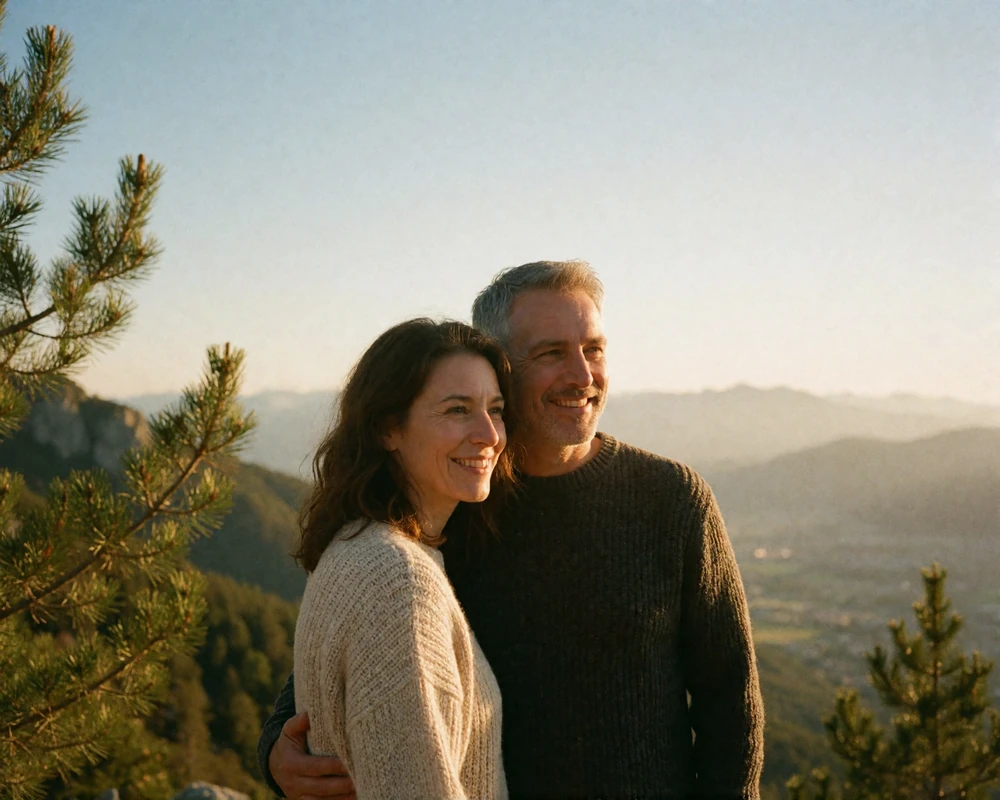 Couple standing together at a mountain lookout above a Pyrenean valley at sunset