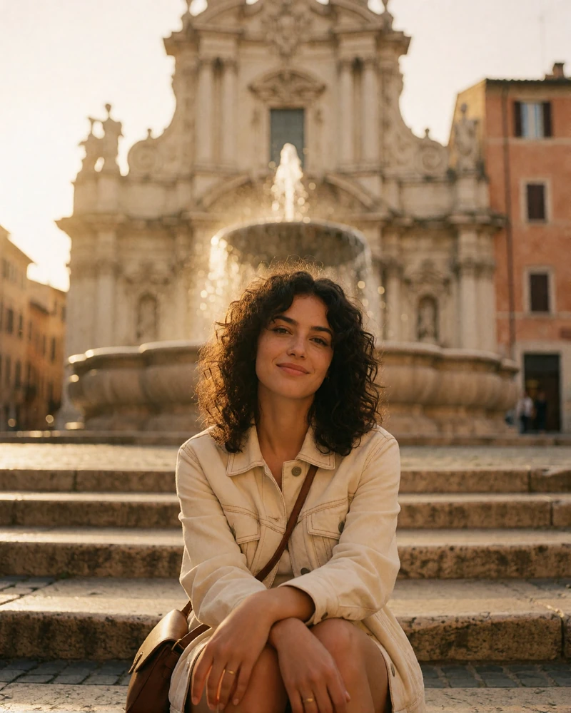 Italian woman with dark curly hair sitting on stone steps in a sunlit piazza