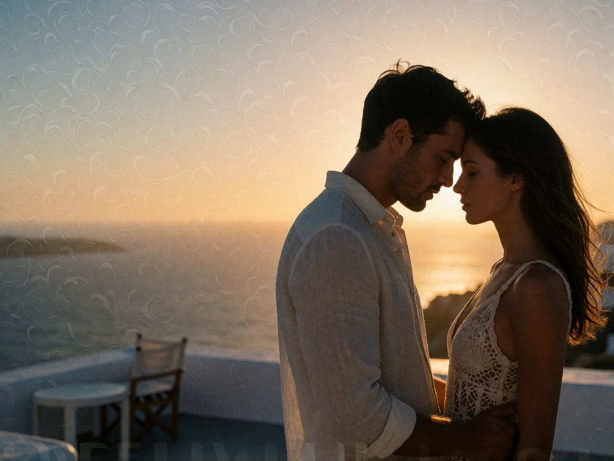 Couple standing forehead to forehead on a whitewashed terrace above the Aegean at sunset