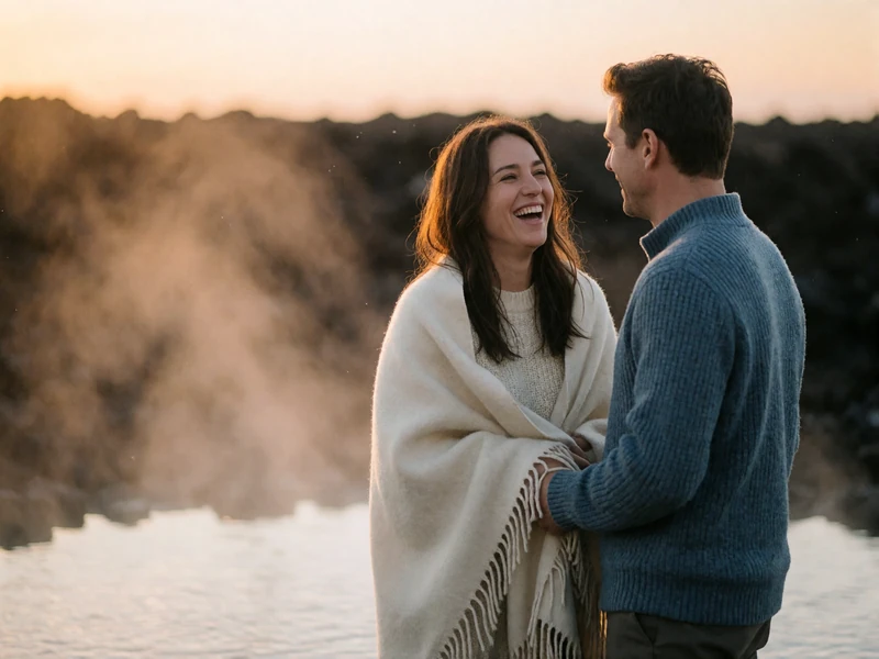 Couple standing at the rim of a steaming natural pool at dusk in Iceland