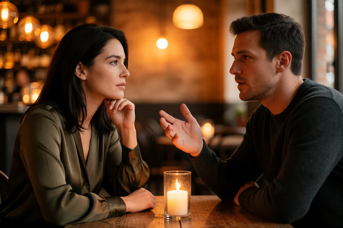 European woman in an olive blouse listening intently to a man speaking across a candlelit restaurant table