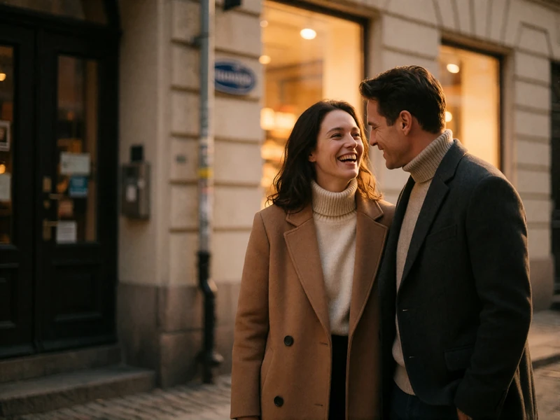 Couple laughing together on a quiet Stockholm street corner in the evening