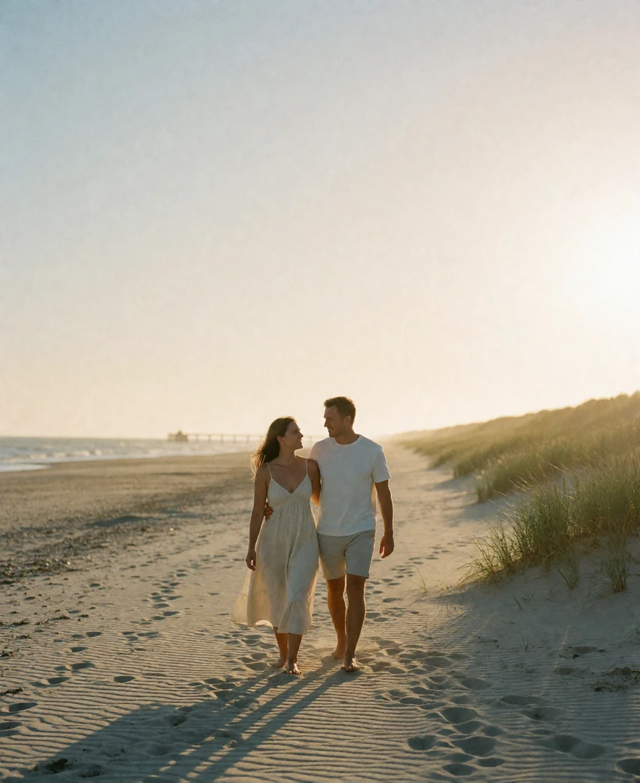 Couple walking barefoot together along a wide North Sea beach at golden hour