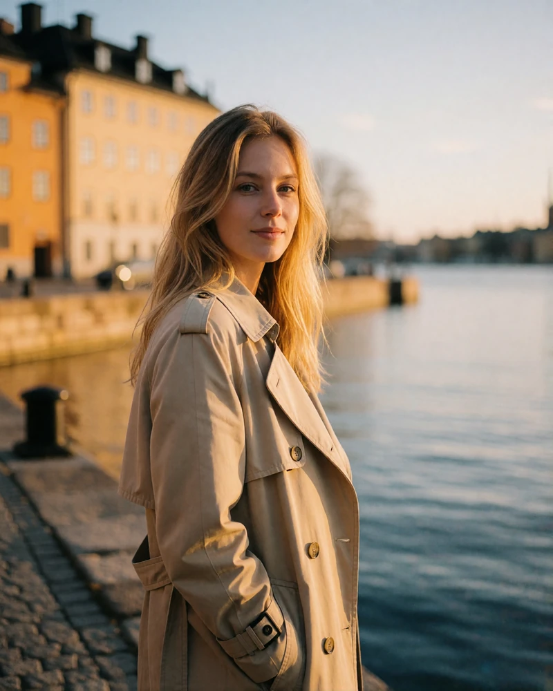 Swedish woman in a beige trench coat standing on a Stockholm waterfront quay at golden hour