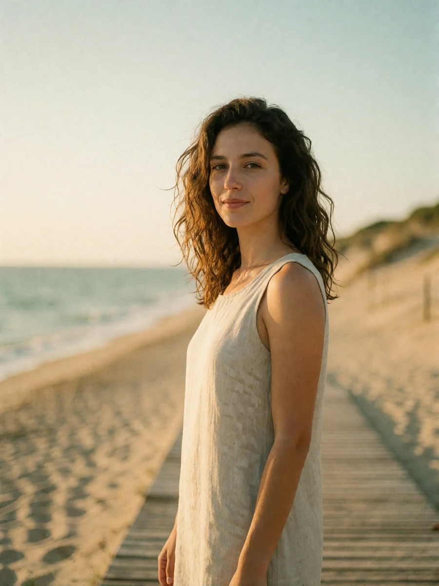 Portuguese woman in a sand-colored linen dress standing on a coastal boardwalk