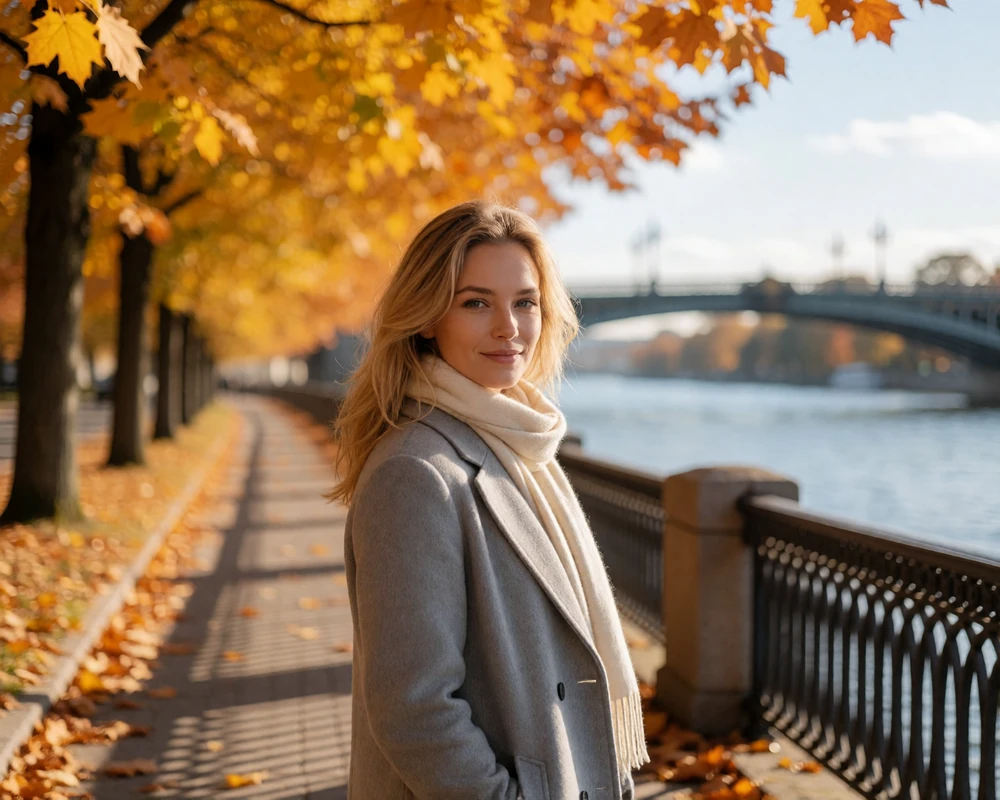 Latvian woman in a grey wool coat smiling on an autumn riverside promenade lined with golden maple trees