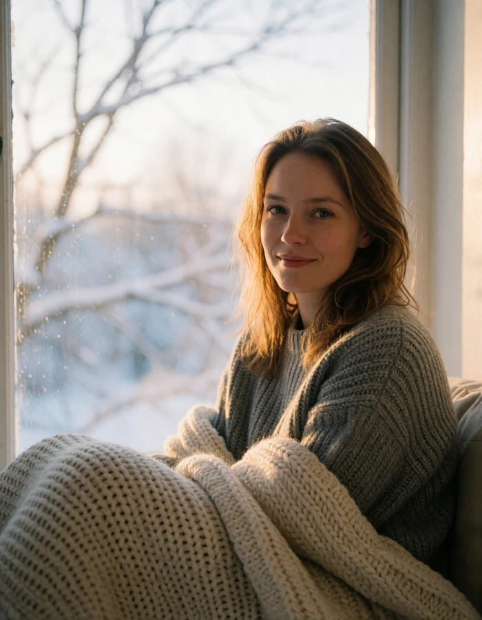 Danish woman wrapped in a cream blanket sitting in a window seat with soft winter light behind her