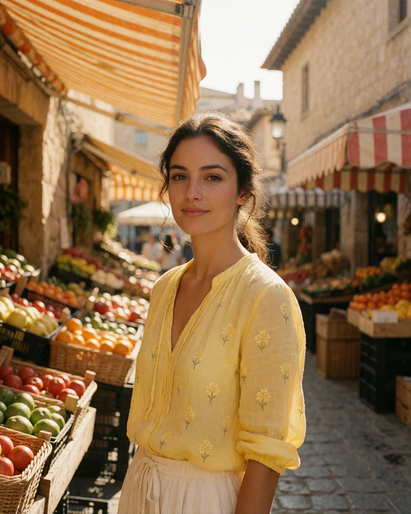 Spanish woman in a soft yellow blouse smiling in a sunlit open-air market street