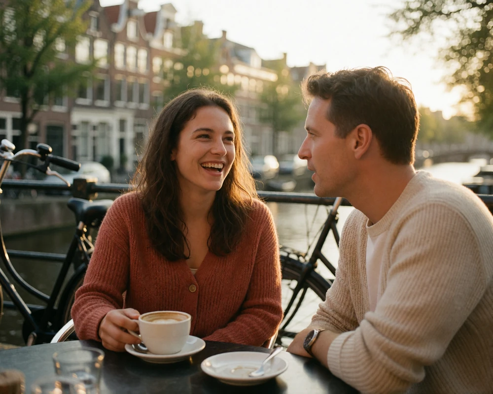 Couple laughing over coffee at an outdoor canal-side cafe table in the Netherlands