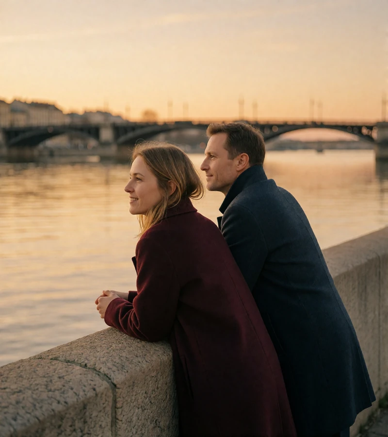 Couple leaning on a stone river embankment railing looking out over the water at dusk