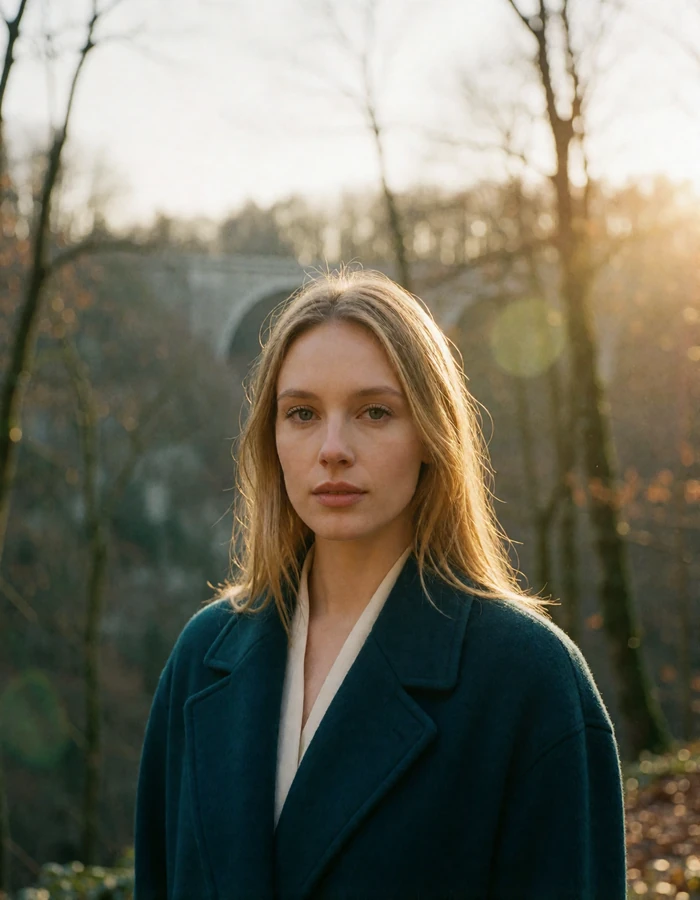Luxembourg woman in a teal coat standing before the wooded gorge and viaduct in Luxembourg City