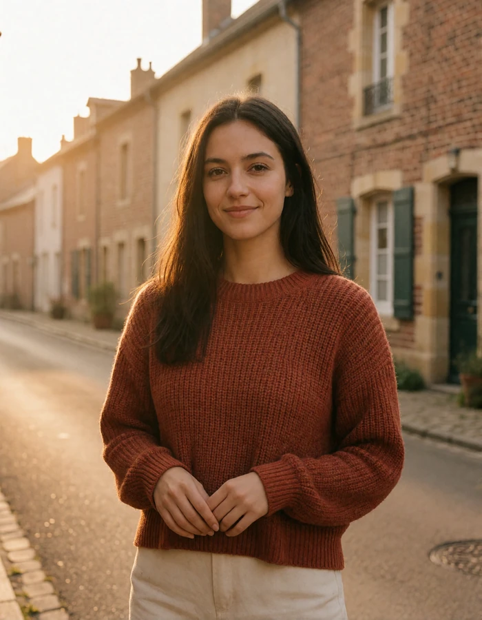 Luxembourg woman in a rust knit sweater on a stone street in southern Luxembourg