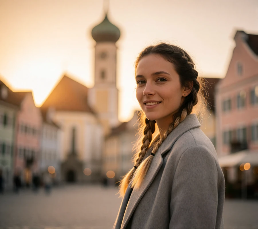 German woman in a grey wool coat smiling in a Bavarian town square with an onion-domed church tower behind her