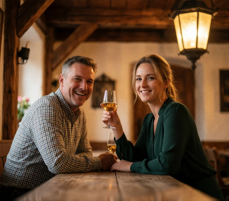 Couple raising wine glasses together at a rustic wooden table inside an Austrian heurigen wine tavern