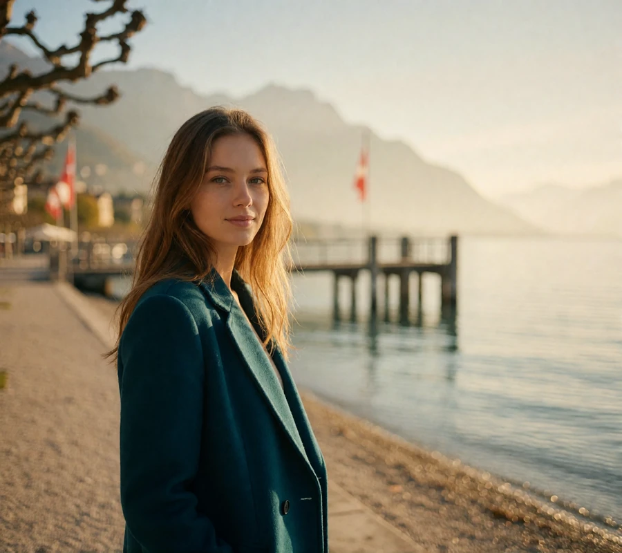 Swiss woman in a deep teal coat standing on a lakeside promenade with hazy peaks in the background