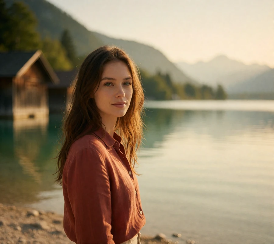 Woman in a rust linen shirt beside an Austrian lake with wooden boathouses in the background