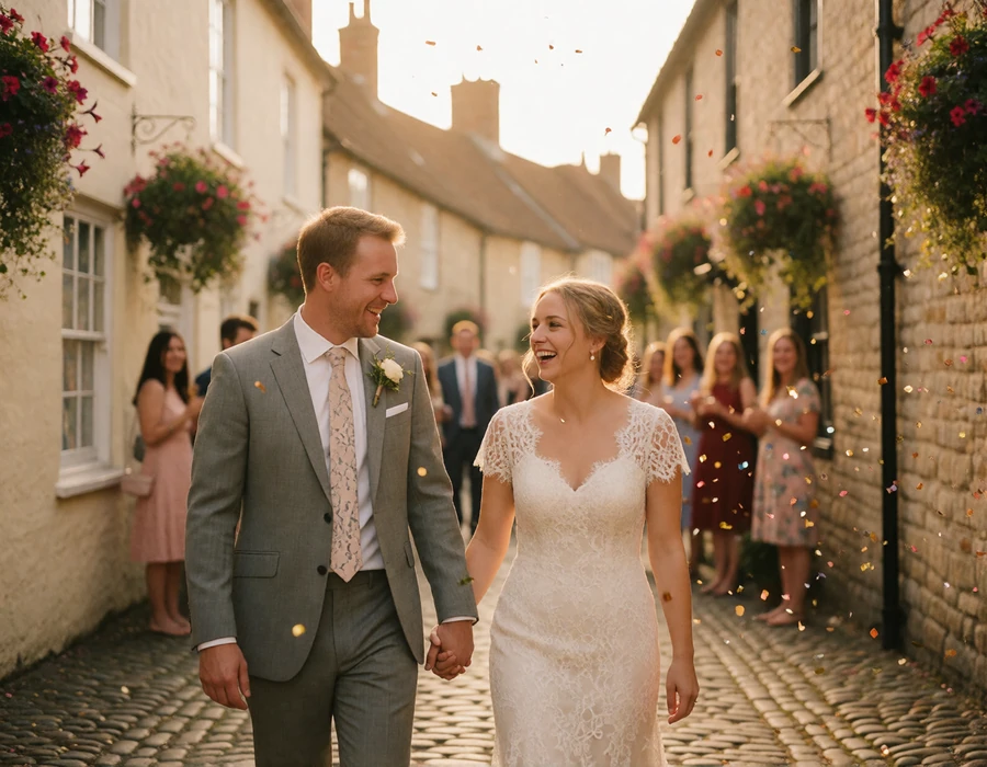 Bride and groom laughing as they walk down a cobbled street in a historic English town