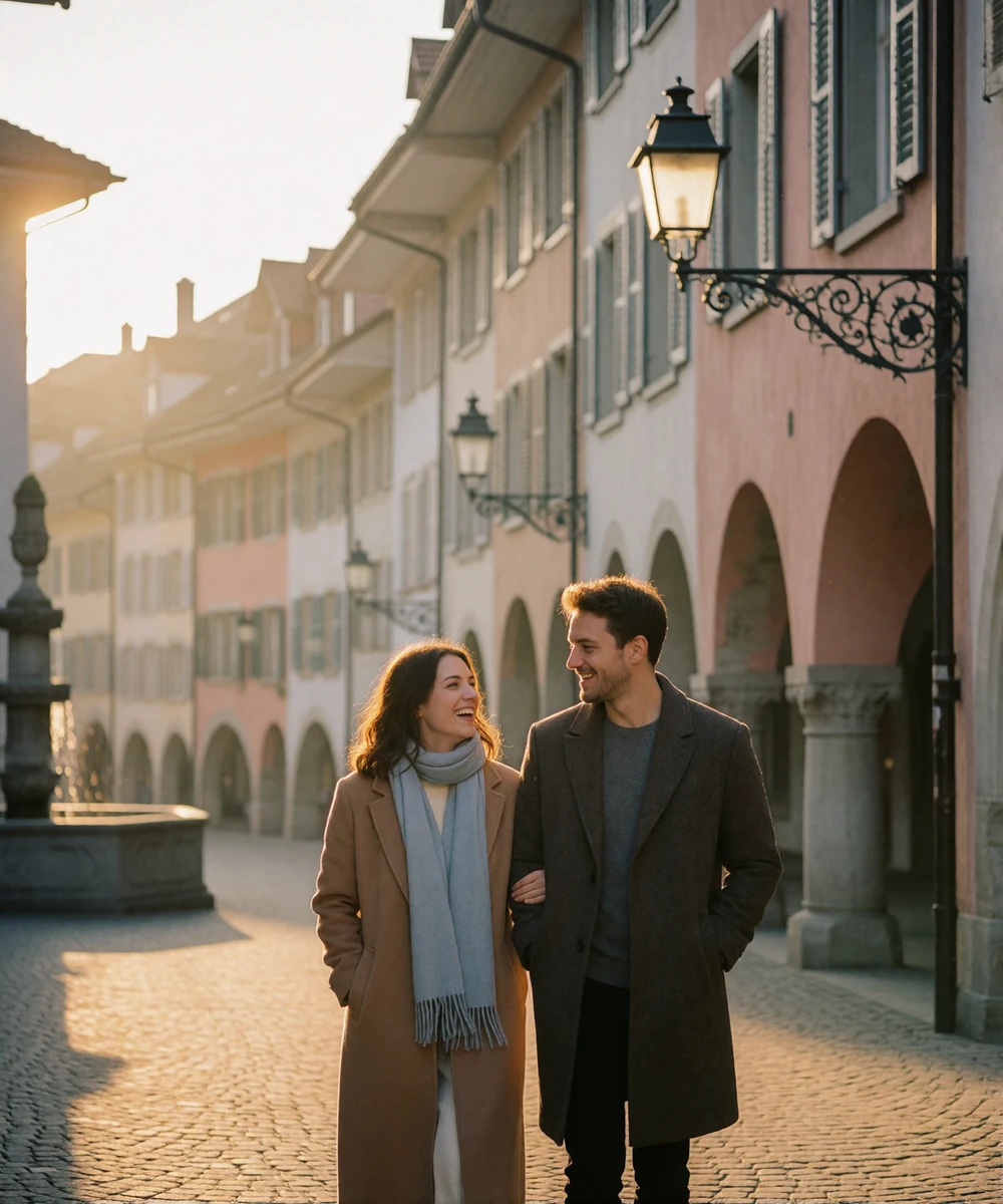Couple walking together along a cobbled old-town street in a Swiss city at golden hour