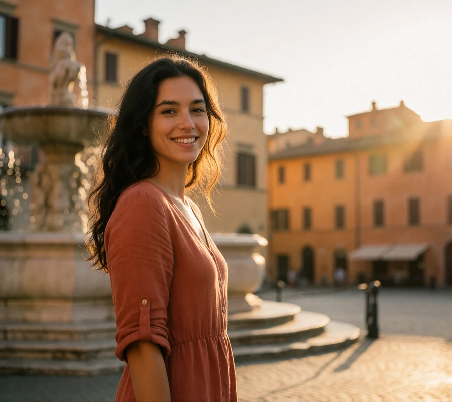 Italian woman in a terracotta linen dress smiling in a historic piazza with a stone fountain behind her