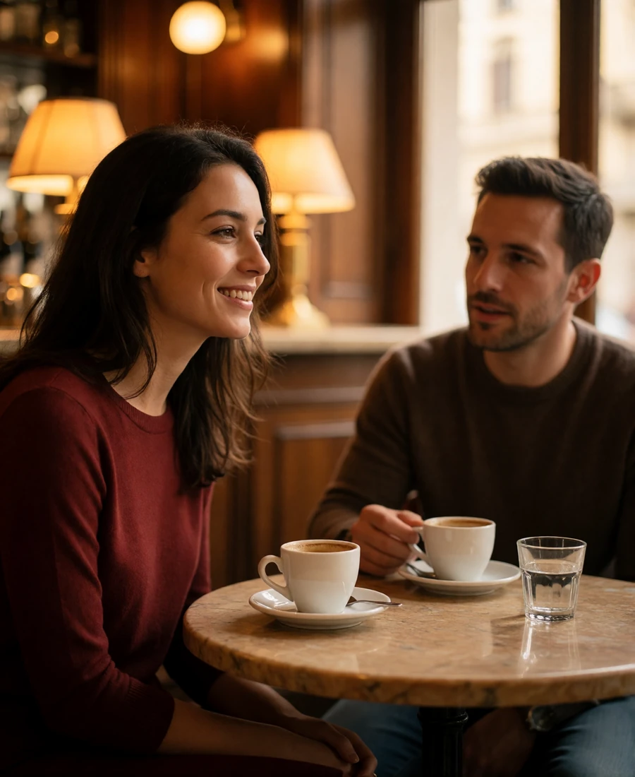 Woman and man sharing espresso at a small marble café table in an Italian city