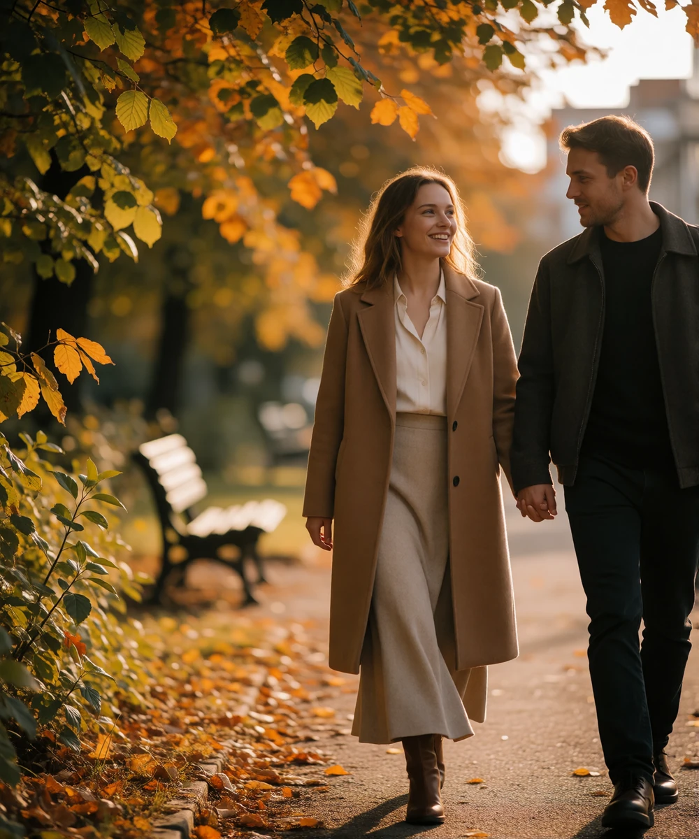 Couple walking together along a tree-lined city park path in Norway during autumn