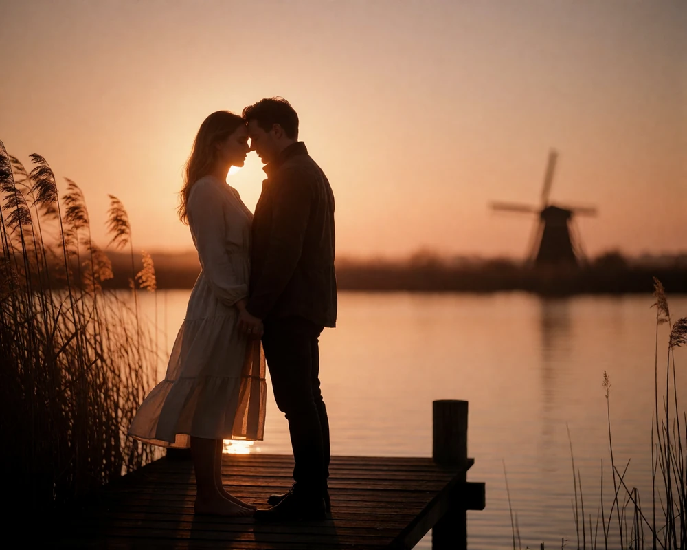Couple standing forehead to forehead on a wooden jetty over calm Dutch water at sunset