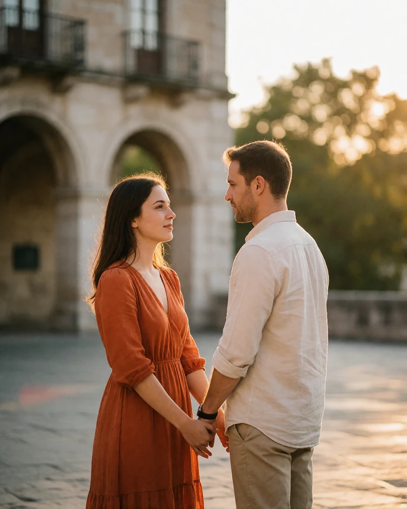 Couple holding hands and talking quietly in a historic European stone plaza at golden hour