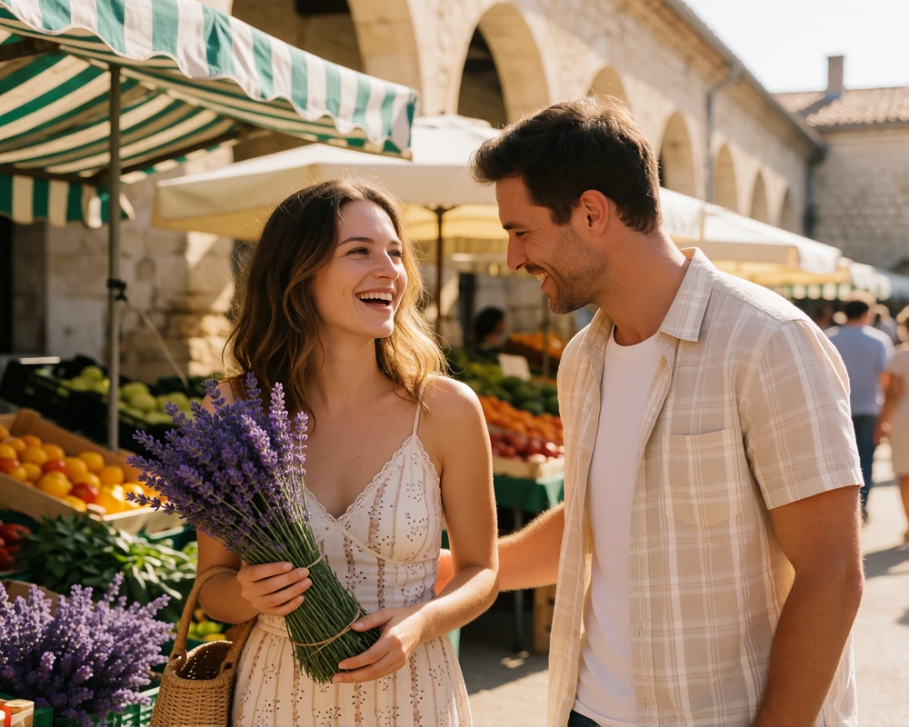 Couple laughing together while browsing a Provençal open-air market with lavender bunches